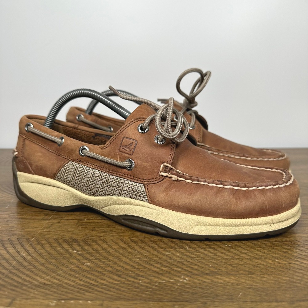 Sperry Intrepid Boat Shoes Mens 9 Brown Leather 2 Eye Wedge Sole Casual Loafers